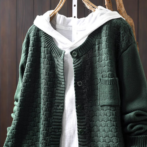 ニット　トップス　カーディガン　手編み　ダークグリーン　バルーン袖　ハンドメイド ニットトップスカーディガン手編みダークグリーンバルーン袖