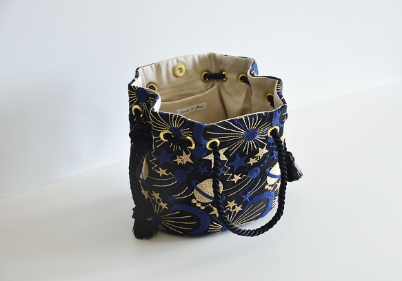 数量限定! プラネットチュール刺繍2wayマリンバッグ　ブルーブラック　月と星 8枚目の画像