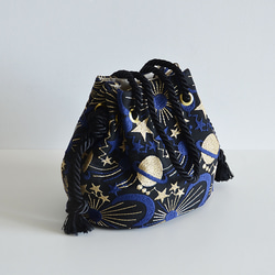 数量限定! プラネットチュール刺繍2wayマリンバッグ　ブルーブラック　月と星 6枚目の画像