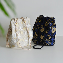 数量限定! プラネットチュール刺繍2wayマリンバッグ　ブルーブラック　月と星 12枚目の画像