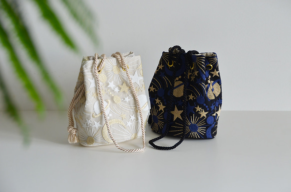 数量限定! プラネットチュール刺繍2wayマリンバッグ　ブルーブラック　月と星 12枚目の画像