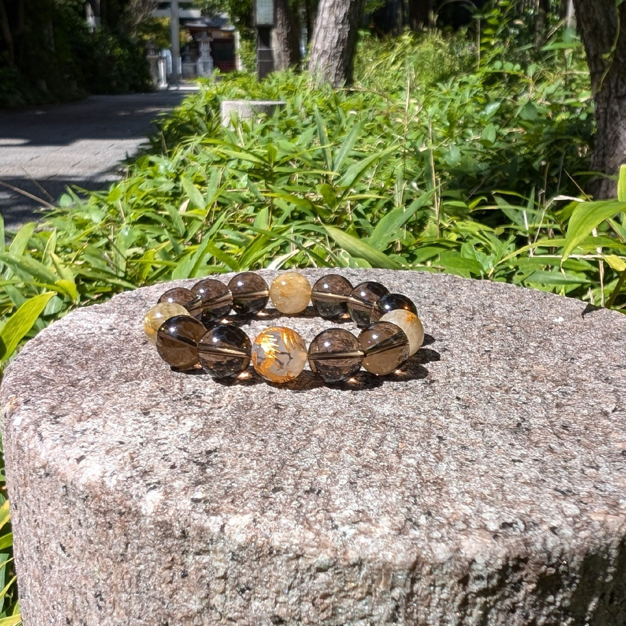 金彫皇帝龍ドラゴンアゲート ゴールドルチル スモーキークォーツ ブレスレット 14ミリ 大地のエネルギーを繋げる ギフト