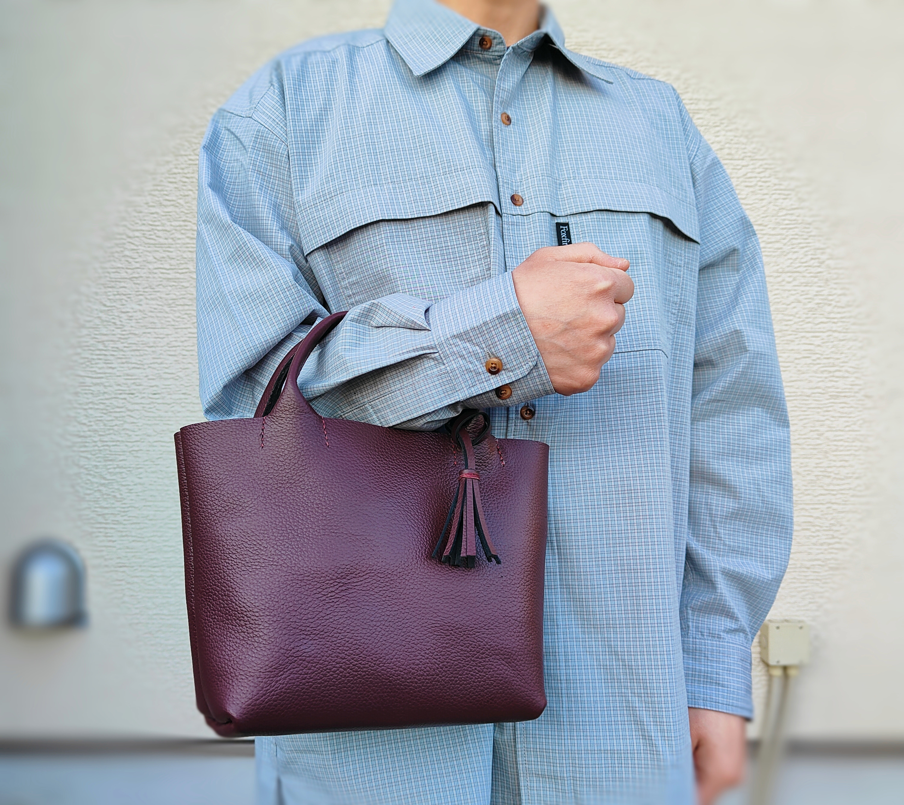 【姫路レザー】手縫いのミニトートバッグ（コンパクト/シンプル/メンズ/レディース/ミニバッグ/軽い/旅行）ボルドー