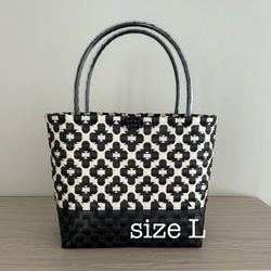 プラカゴ 花柄ツートン 黒xアイボリー Lサイズ 軽量 エコバッグ PP