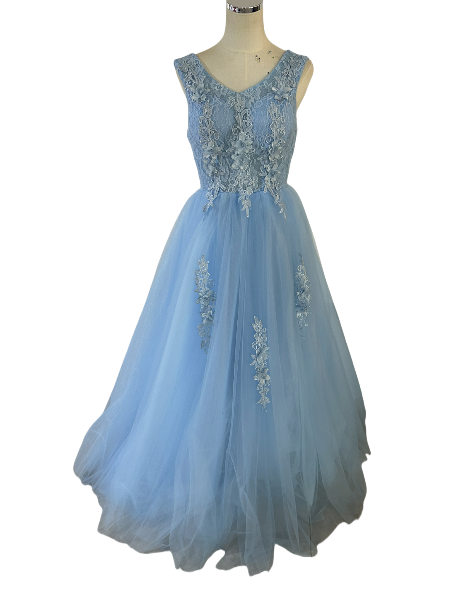 豪華！ Vネックドレス カラードレス 水色 ソフトチュール プリンセスライン 音楽会/発表会など フレアスカート