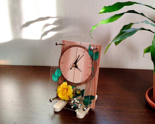 木製の花 置き時計 （バラ・B6サイズ） Wooden Flower 掛け時計