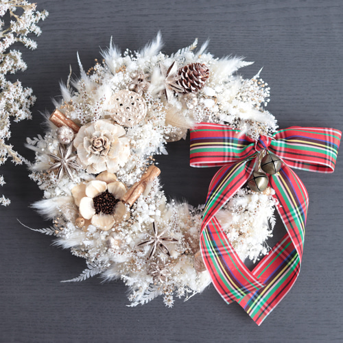 受注製作】赤いチェックリボンのふわふわプラチナホワイトリース＊結婚