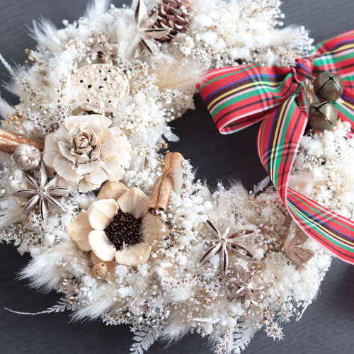 受注製作】赤いチェックリボンのふわふわプラチナホワイトリース＊結婚