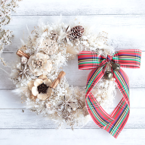 受注製作】赤いチェックリボンのふわふわプラチナホワイトリース＊結婚