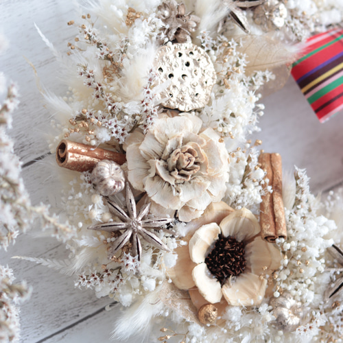 受注製作】赤いチェックリボンのふわふわプラチナホワイトリース＊結婚