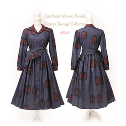 大島紬　フリル袖ロングワンピース　ネイビー×亀甲　ハンドメイド♡ 大島紬】オープンカラーのカシュクールラップワンピース ロング