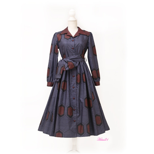 大島紬】レトロ漂う☆オープンカラーのフロントボタンワンピース／長袖