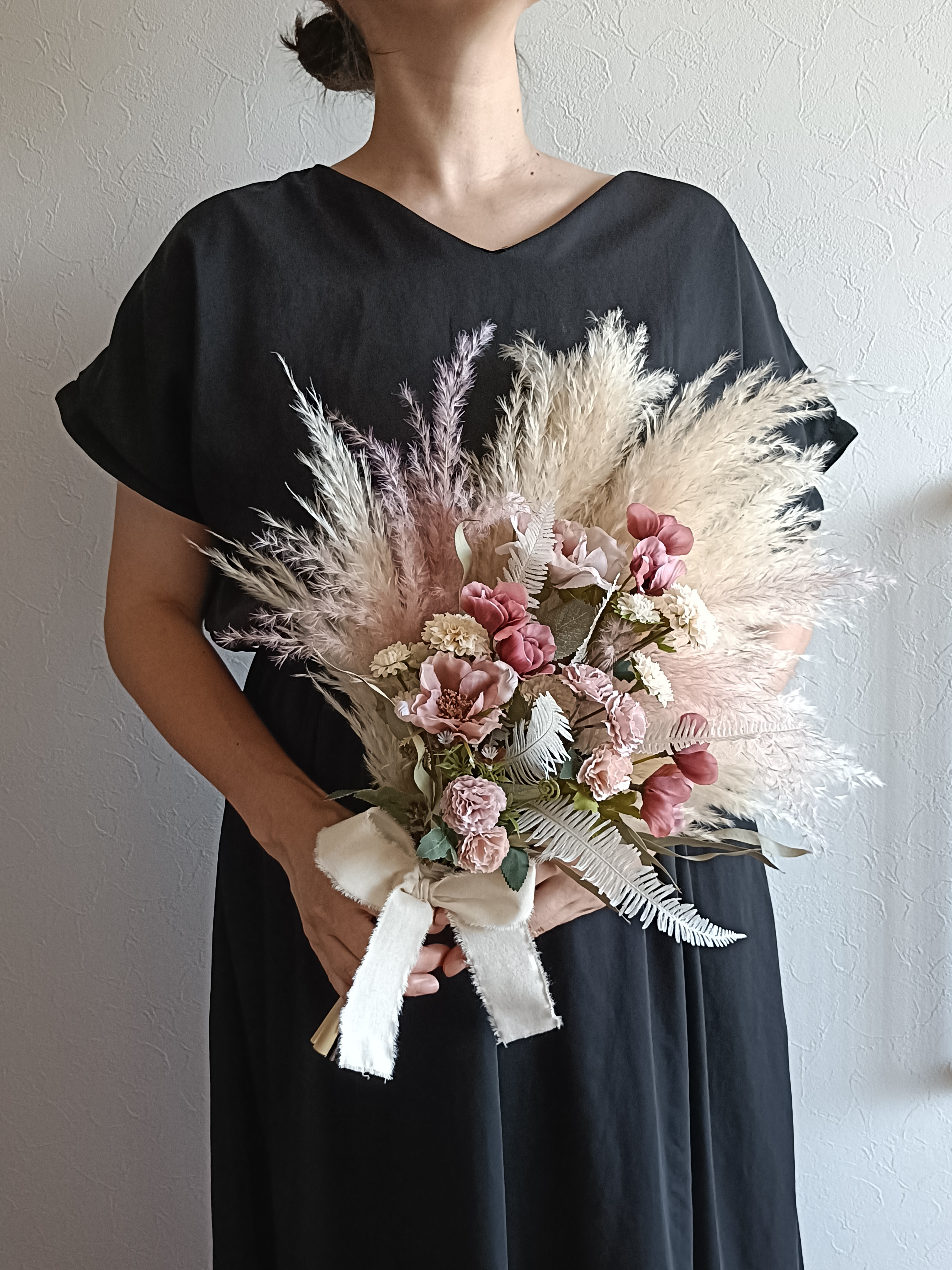 シャビーピンク パンパスグラスのアンティーク風ウェディブーケ 結婚式 前撮り 和装  ドライフラワー  秋冬 造花