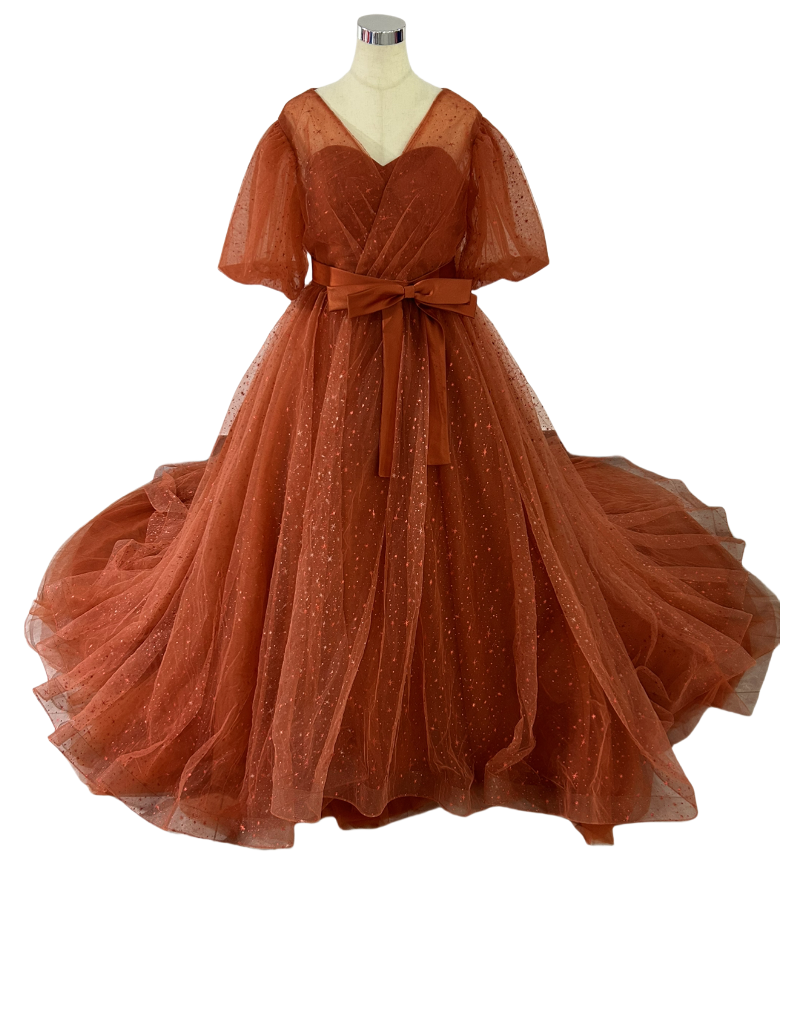 カラードレス トップス+スカート テラコッタ色  キラキラチュール トップス 結婚式 Aライン プリンセスライン