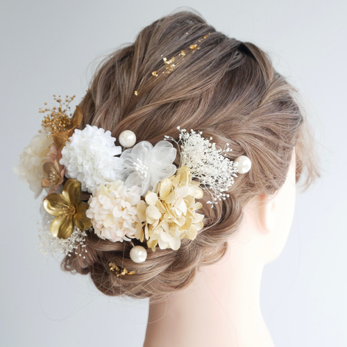 GATE⚫︎花嫁用⚫︎掛下⚫︎ ⚫︎オフホワイト＆ピンク　オシャレです。 A247 オーガンジーフラワー 髪飾り 白ピンク 成人式 卒業式 七五三