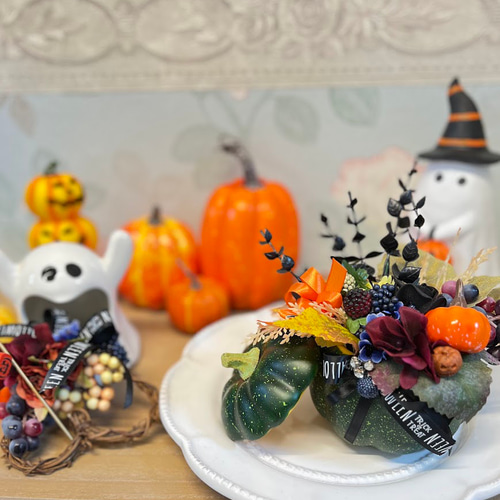 おばけちゃん形オルゴナイト２体とかぼちゃの入れ物のよくばりセット☆ 怖かわいいハロウィン飾りのオバケちゃん 3タイプ その他インテリア