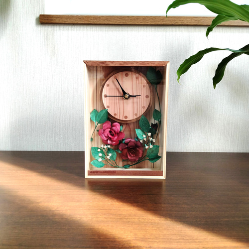 木製の花 置き時計 （バラ・A5サイズ） Wooden Flower 掛け時計