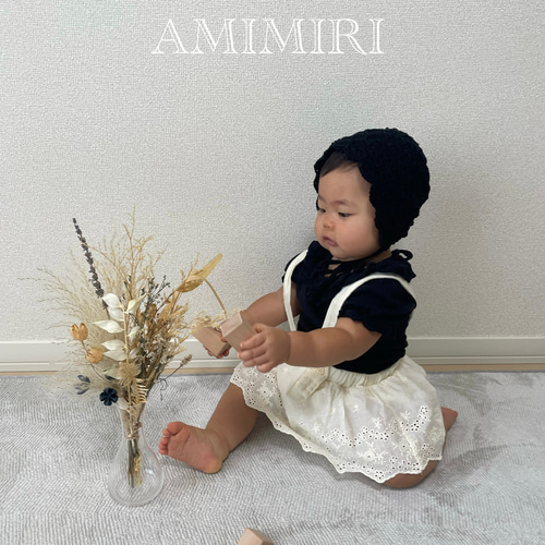 レース編みボンネット♡black ブラック ベビー キッズ 鍵編み クロシェ