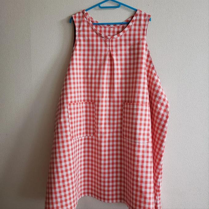 【受注】12mm ギンガムチェック トマトレッド 大人 フリーサイズ 2way エプロン 綿ポリ ダンガリー