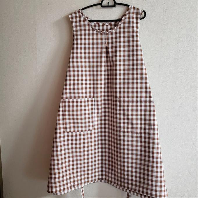 【受注】12mm ギンガムチェック ココア 大人 フリーサイズ 2way エプロン 綿ポリ ダンガリー