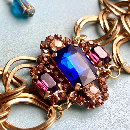 ✤チェコヴィンテージラインストーン 真鍮ネックチョーカー サファイア