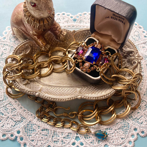 ✤チェコヴィンテージラインストーン 真鍮ネックチョーカー サファイア