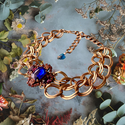 ✤チェコヴィンテージラインストーン 真鍮ネックチョーカー サファイア