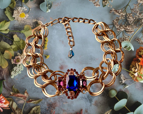 ✤チェコヴィンテージラインストーン 真鍮ネックチョーカー サファイア