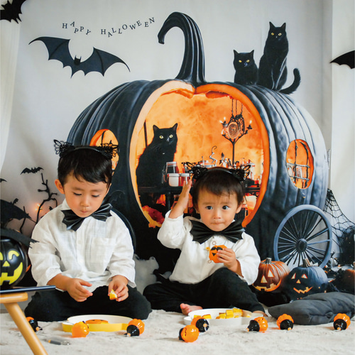 布1枚でおうち写真館】黒猫とハロウィンパーティーマット / おうち