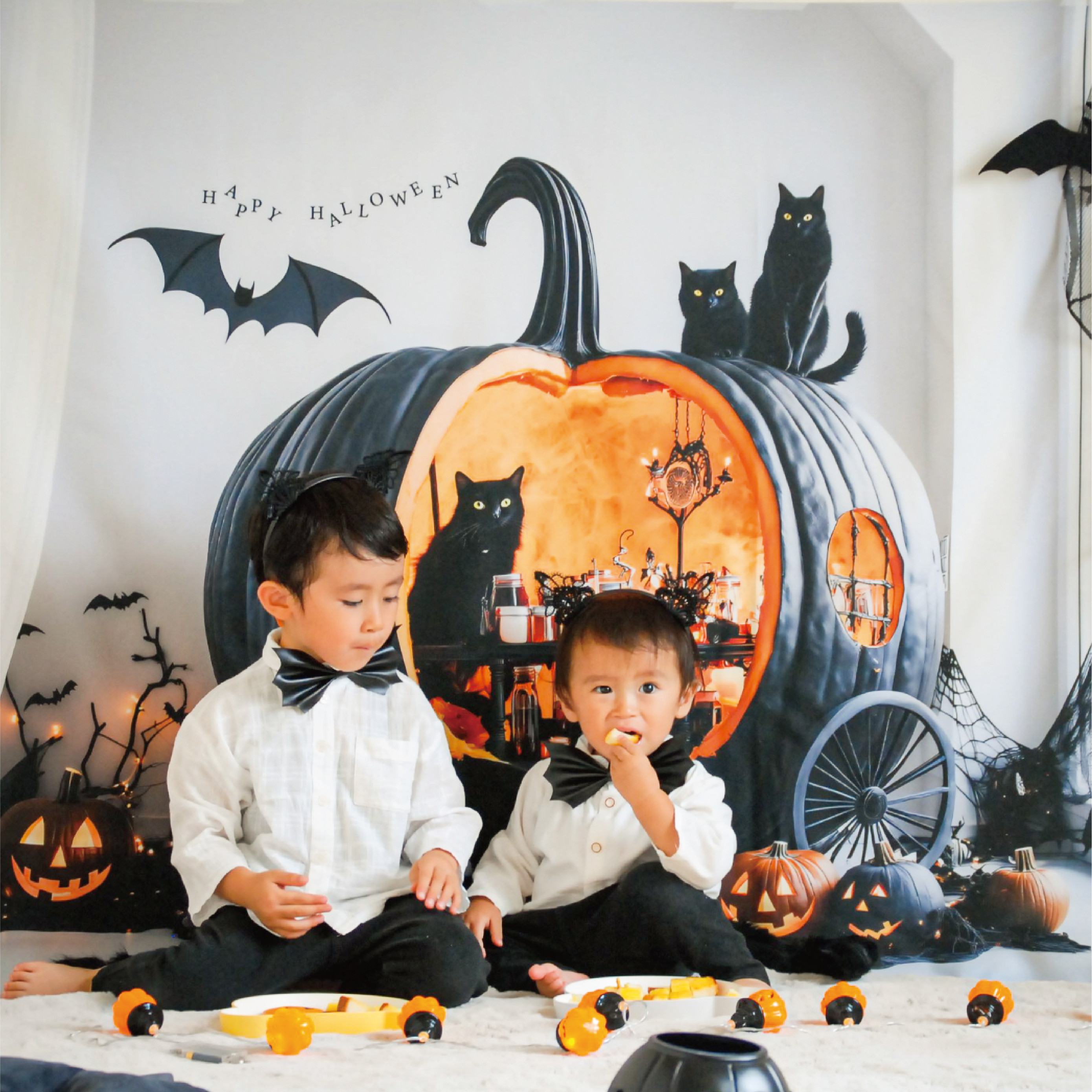 【布1枚でおうち写真館】黒猫とハロウィンパーティーマット / おうちスタジオ /おうちフォトに ［背景布］