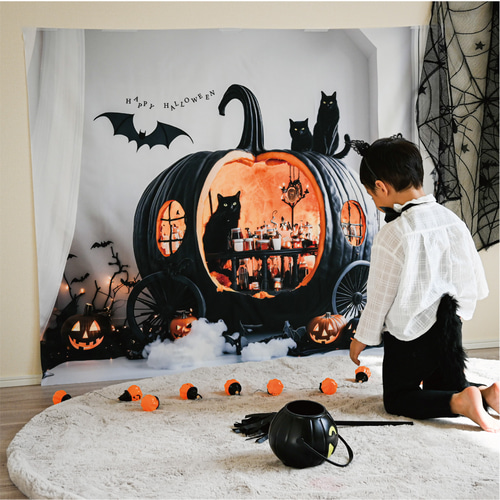 布1枚でおうち写真館】黒猫とハロウィンパーティーマット / おうち