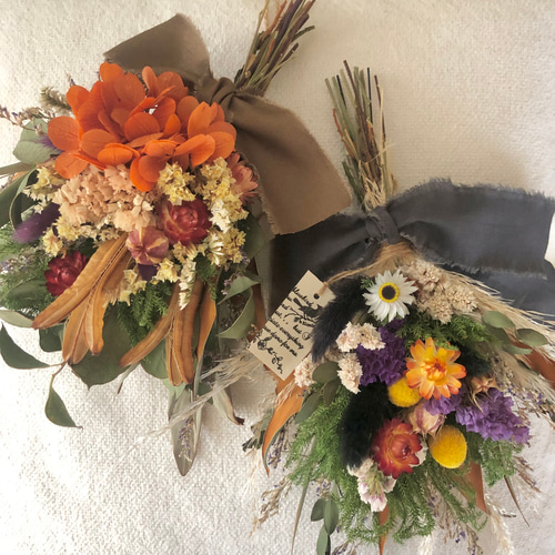 オレンジ紫陽花のミニブーケ ドライフラワー スワッグ ラッピング対応