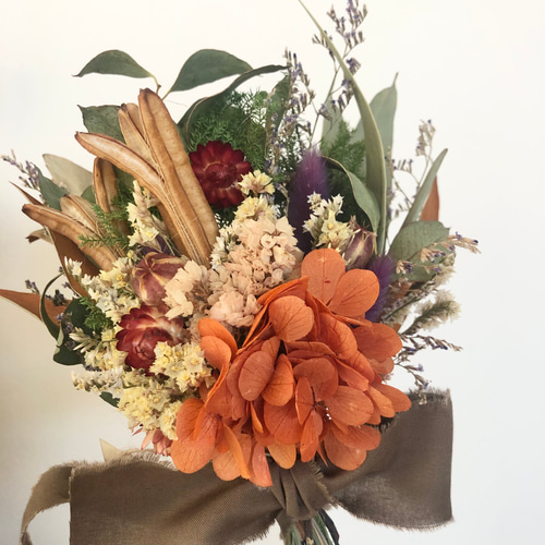 オレンジ紫陽花のミニブーケ ドライフラワー スワッグ ラッピング対応