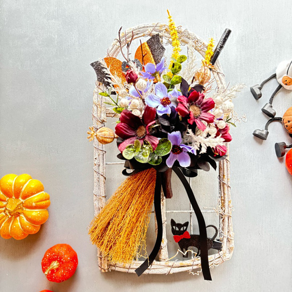 猫大好きハロウィン 造花リース 森のハロウィン黒猫とかぼちゃのリース