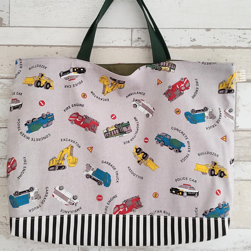 レッスンバッグ(縦34cm×横43cm)*働く車柄(グレー)【入園入学 レッスンバッグ(縦34cm×横43cm)*働く車柄(グレー)【入園入学