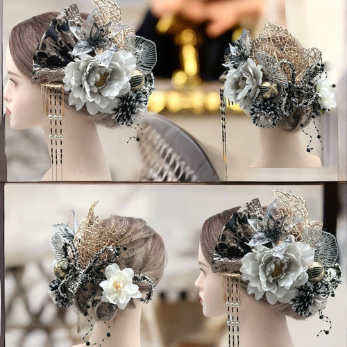 【豪華】ディップアート　髪飾り　成人式卒業式 白　黒　ゴールド　グレー　牡丹 豪華】ディップアート 髪飾り 成人式卒業式 白 黒 ゴールド グレー