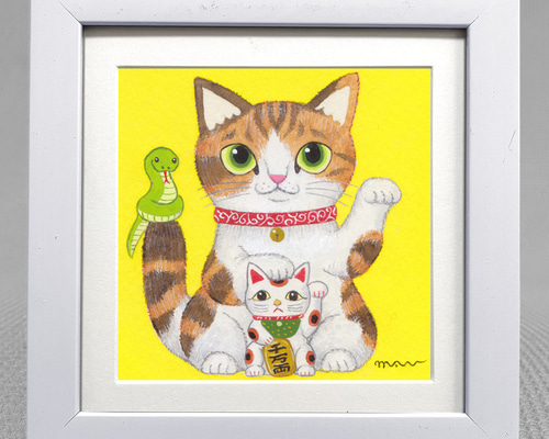 原画「三毛猫と招き猫とへび」ふしぎなねこのアート絵画 干支 巳 原画「三毛猫と招き猫とへび」ふしぎなねこのアート絵画 干支 巳