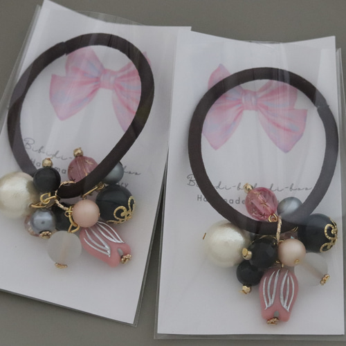 じゃらじゃら  ヘアゴム  大人可愛い！くすみピンク♡リボン☆ じゃらじゃら ヘアゴム 大人可愛い！くすみピンク♡リボン☆