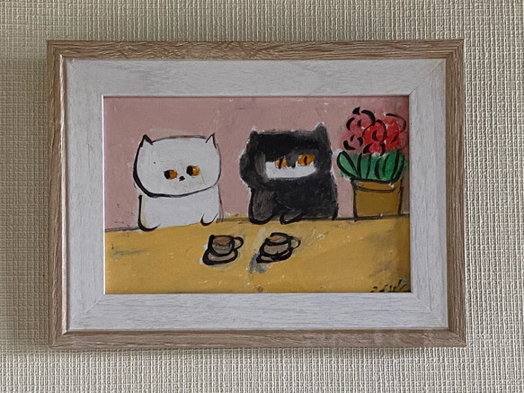 半額SALE/ 絵画。原画【猫たちがコーヒーを飲むデートの時間 半額SALE/ 絵画。原画【猫たちがコーヒーを飲むデートの時間