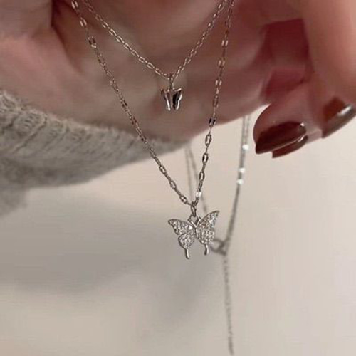 蝶モチーフ ダブル ネックレス シルバー おしゃれ プチプラ 可愛い 銀