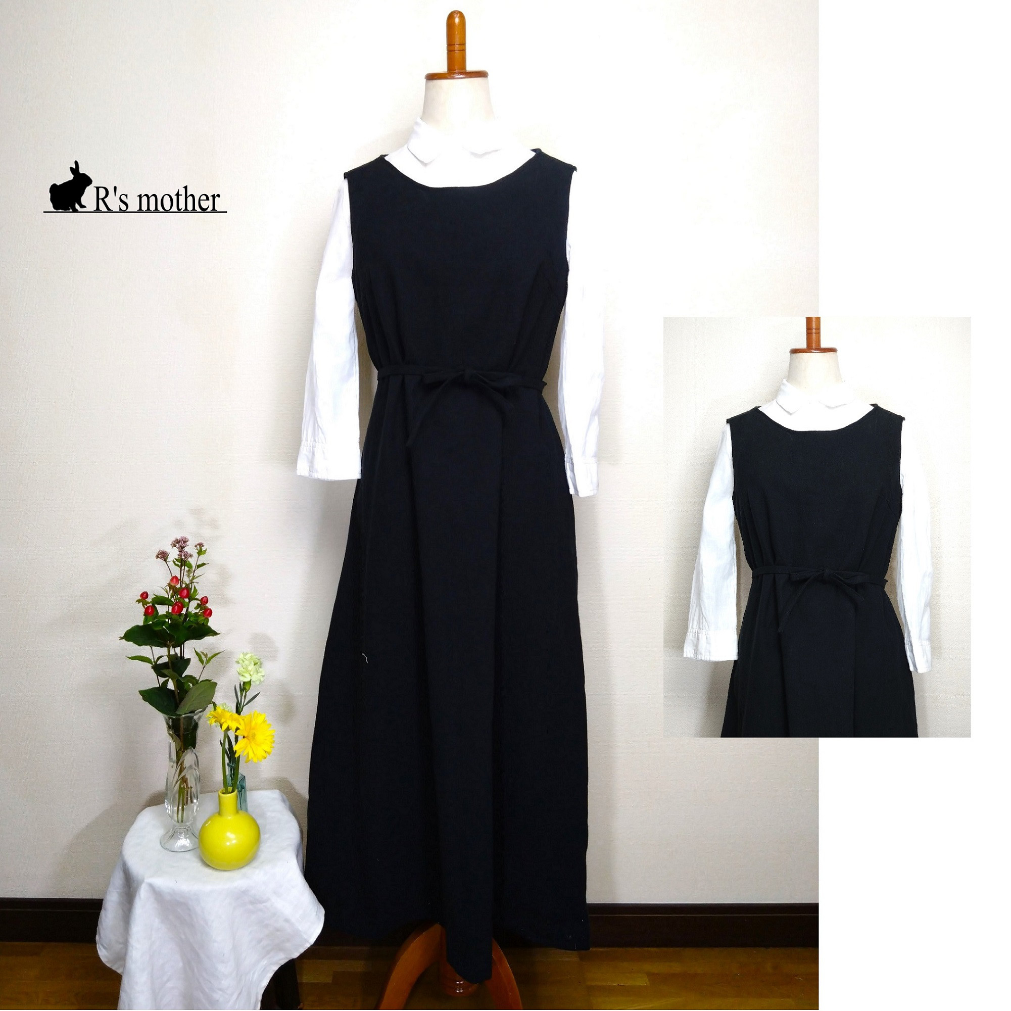 ノースリーブワンピース（綿麻、ジャンパースカート、ブラック、7号）