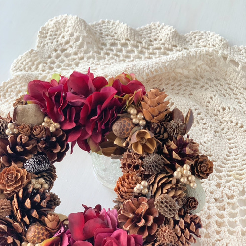 秋色紫陽花と木の実のリース ボルドーカラー シック クリスマス 小さめ  