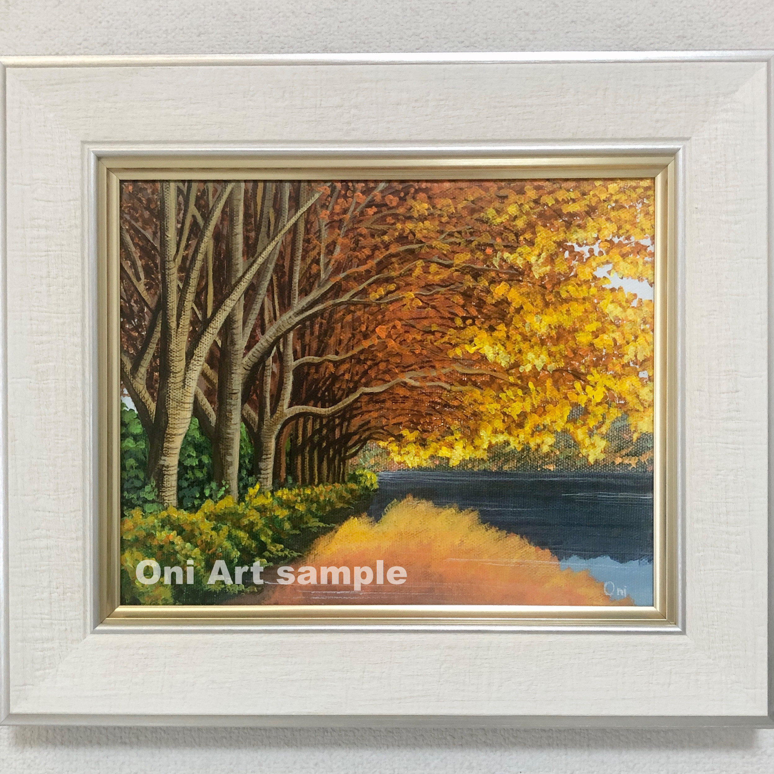 秋の湖畔」アクリル画 額縁付 原画 キャンバス F3サイズ 絵画 Oni 通販