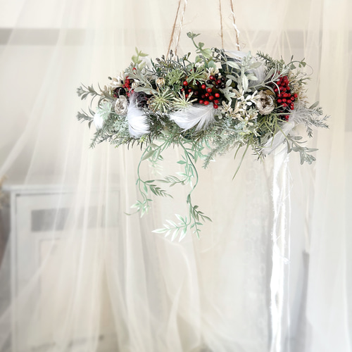 再販】赤い実の羽根付きクリスマスフライングリース クリスマスリース