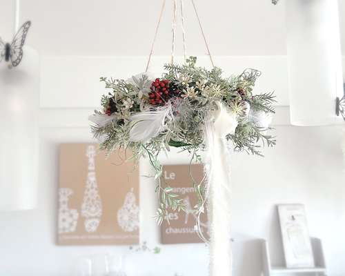 赤い実と鶏頭のクリスマスフライングリース♡クリスマスリース christmas wreath 