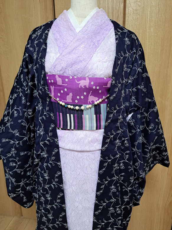 洗える長羽織#総刺繍#単衣物#紺色#上品#薄地#着物#浴衣 着物 snowlady 