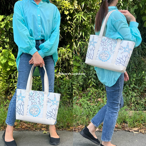 トートバッグL 41×25×10cm カラフルな海物刺繍／生成り帆布8号