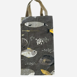 普通・お魚さんのペタンコバッグ　水筒入れサイズ　濃グレー　27.5×15.5 8枚目の画像