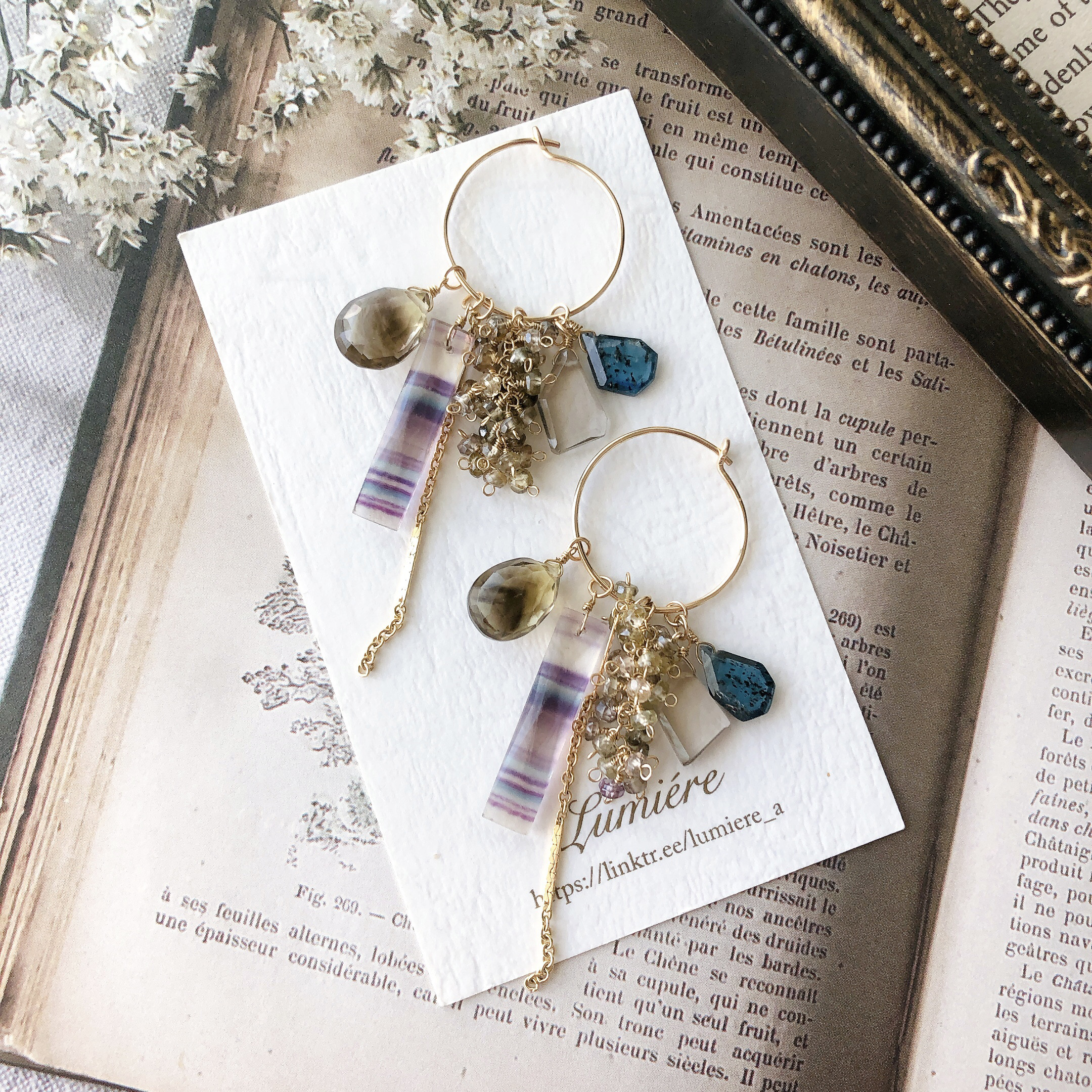 14kgf＊フローライトの付け替えフープピアス＊セピア