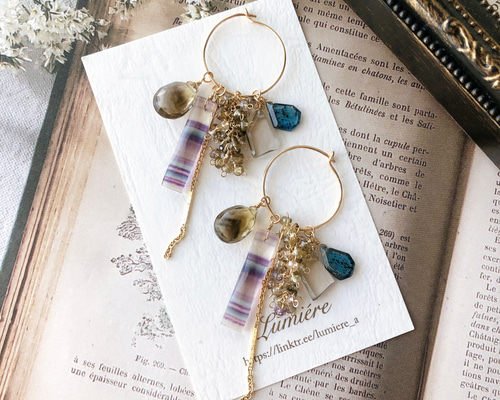 14kgf フローライト蝶とローズクォーツのピアス